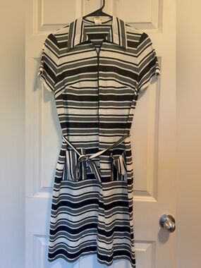 Vintage Black and White Striped Zip-Front Mini Dress